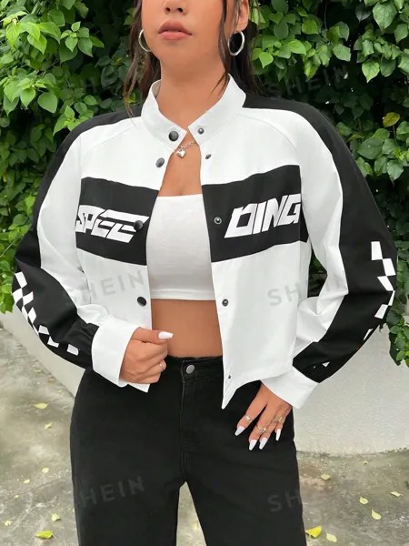 EZwear Plus Куртка с цветными блоками и буквами с рукавами реглан для весны и лета Shein, черно-белый