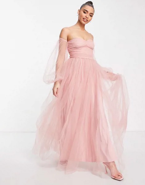 Розовое платье из тюля с открытыми плечами Lace & Beads Bridesmaid Logan-Розовый цвет