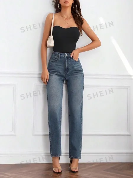 Джинсы Essnce, однотонные, с диагональным карманом Shein, синий