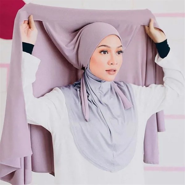 Однотонный шифоновый шарф с бинтом Нескользящие мусульманские женщины Дышащие ислам Длинные оголовья Мода Тюрбан Головной уруч