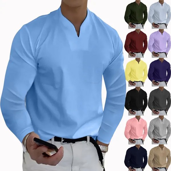 Мужская одежда Весна Осень V-образный вырез Свободный подход с длинным рукавом Футболки Сплошной цвет Топы Повседневные футболки Мужские рубашки