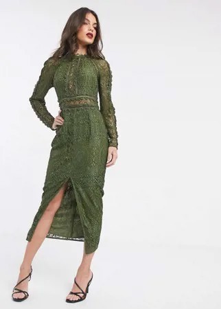 Кружевное платье-футляр с длинными рукавами и фигурной отделкой ASOS DESIGN-Зеленый цвет