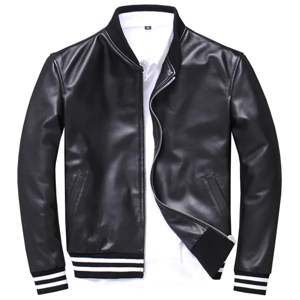 Бесплатная доставка. drop-ship.sales.quality мужские черные Бейсбол кожаная куртка. Новая Зеландия дубленка. Модная тонкая кожаная одежда.