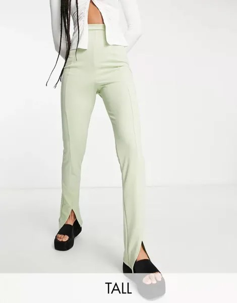 Зеленые брюки эластичного кроя с разрезом спереди и завышенной талией Flounce London
