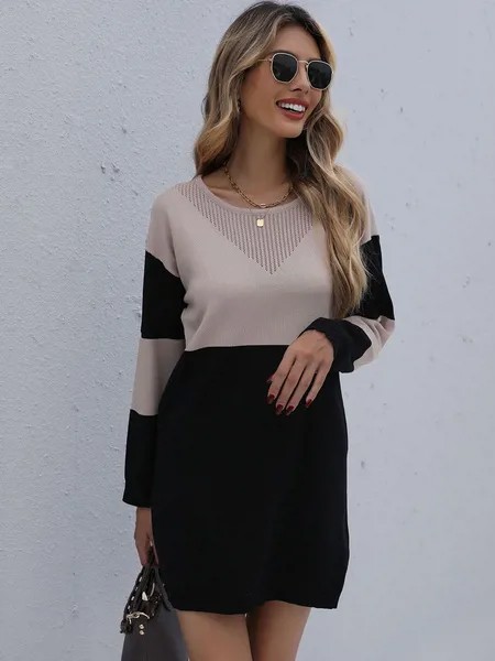 Milanoo Knitted Dress For Women Comfy Color Block Polyester Long Sleeves Stretch Jewel Neck Black Mi