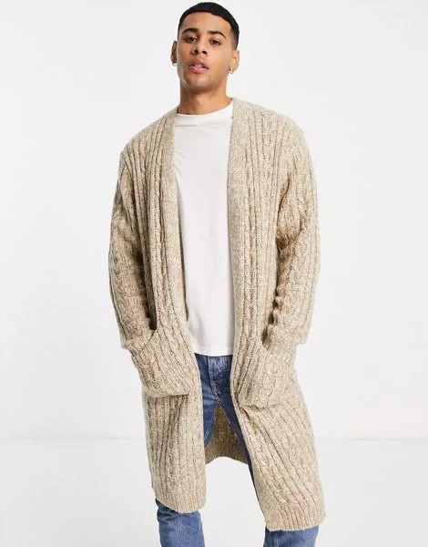Бежевый удлиненный кардиган с узором «косичка» ASOS DESIGN-Светло-бежевый цвет
