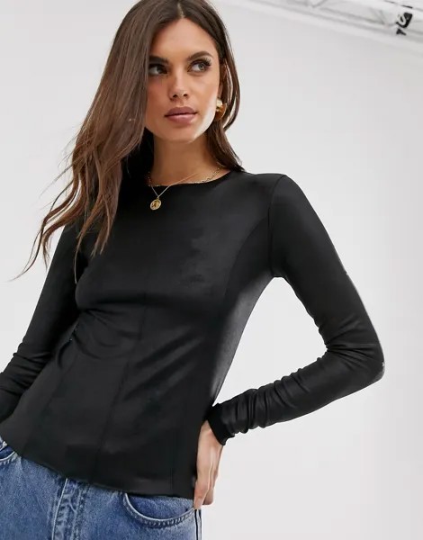Черный лонгслив из искусственной кожи Stradivarius