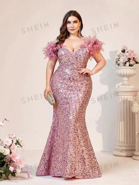 Belle Plus Size Элегантное романтическое Женское вечернее платье с перьями и бисером на плечах (Heavy Duty) (Перья на плечах искусственные, изготовлены из перьев) Shein, розовый