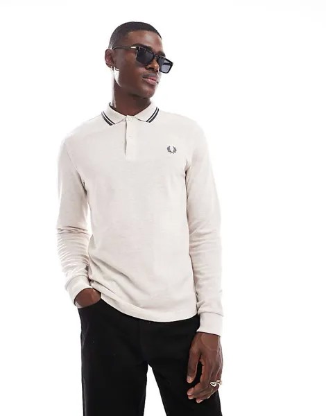 Fred Perry — рубашка-поло с длинными рукавами и двойной окантовкой кремового цвета