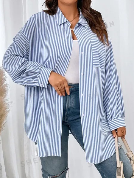 EZwear Рубашка больших размеров, полосатая, с заниженной линией плеча Shein, синий/белый