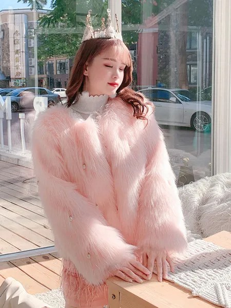 Milanoo Faux Fur Coats For Women Long Sleeves Jewel Neck Casual Pink Winter Coat