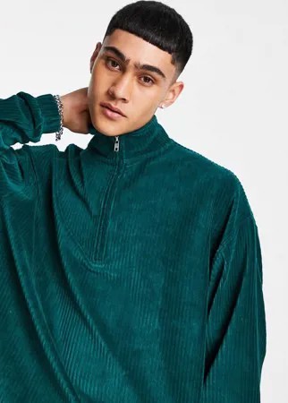 Темно-зеленый велюровый свитшот в рубчик в стиле oversized на короткой молнии от комплекта ASOS DESIGN-Зеленый цвет
