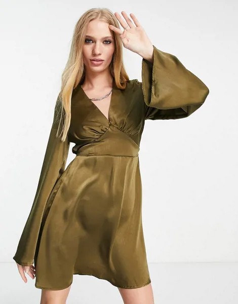 Платье мини цвета хаки с широкими рукавами Flounce London-Зеленый цвет