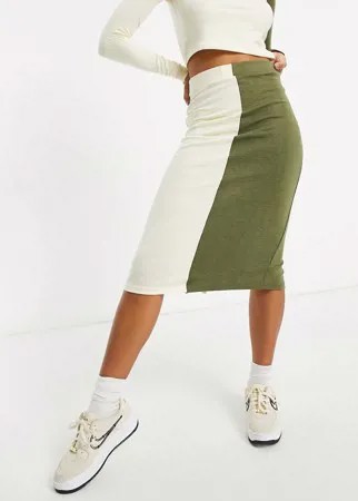 Трикотажная двухцветная юбка миди цвета экрю и хаки Unique21-Зеленый цвет
