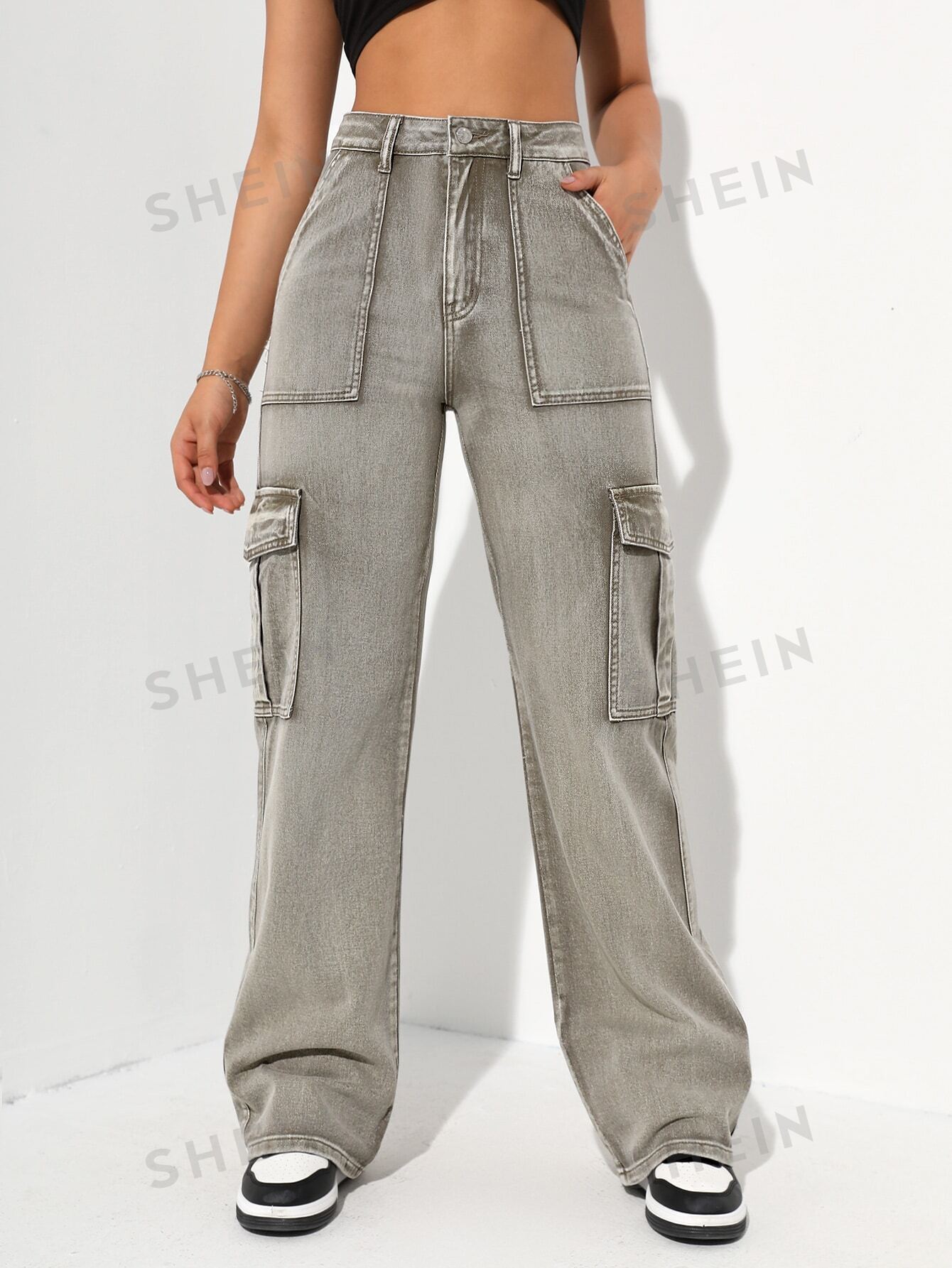 SHEIN Coolmax Джинсовые брюки с карманами и откидными карманами в стиле рабочей одежды, армейский зеленый
