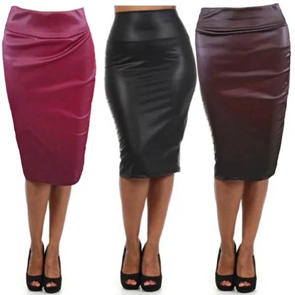 Сексуальная женская юбка Модная кожаная юбка сплошной цвет элегантная юбка до колена
