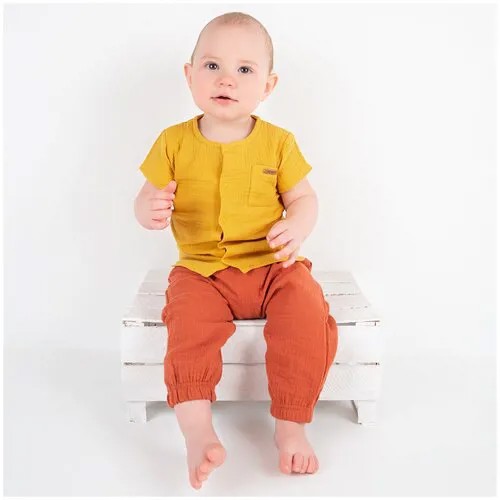 Рубашка LEO,  детская, хлопок, муслин, на кнопках, короткий рукав, размер 68, бирюзовый