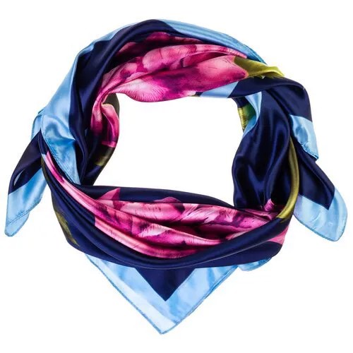 Шелковый платок на шею/Платок шелковый на голову/женский/Шейный шелковый платок/стильный/модный /21kdgPL903008-2vr синий,розовый/Vittorio Richi/80% шелк,20% полиэстер/90x90