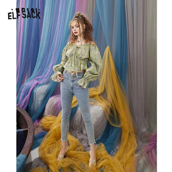 Женская рубашка ELFSACK, с цветочным принтом, с вырезом лодочкой, с цветочным принтом, весна 2022, длинный рукав, стильная Корейская женская, базов...
