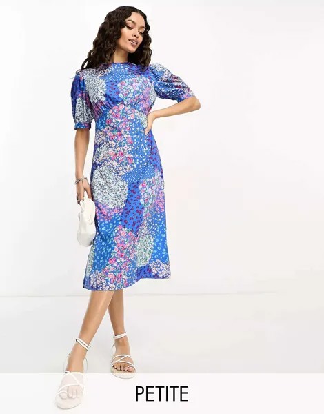Синее чайное платье миди с развевающимися рукавами Influence с цветочным принтом