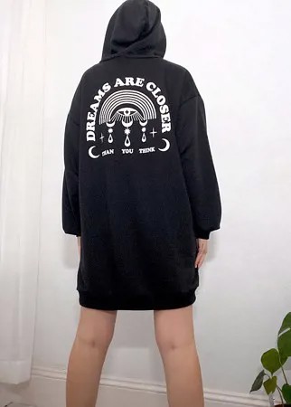 Черное короткое платье-худи в стиле oversized с принтом 