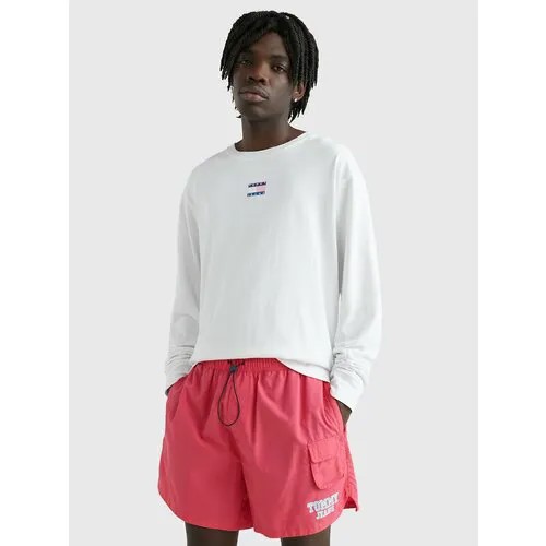 Лонгслив TOMMY HILFIGER, свободный силуэт, U-образный вырез, принт надписи, трикотаж, дышащий материал, размер XXL, белый