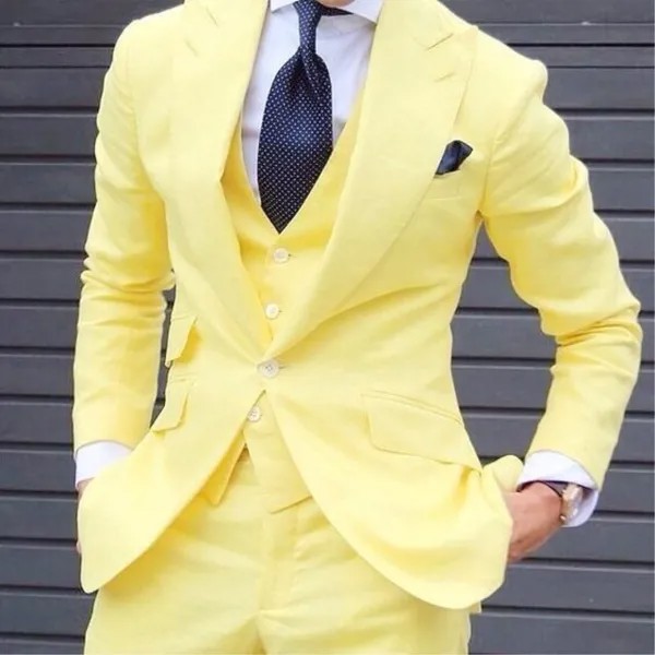 Модные желтые мужские Узкие Костюмы, смокинг для ухода за собой, Мужской Блейзер, выпускной, уличный костюм, пиджак, жилет, брюки