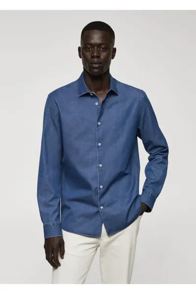 Рубашка Slim Fit из хлопка шамбре Mango, синий