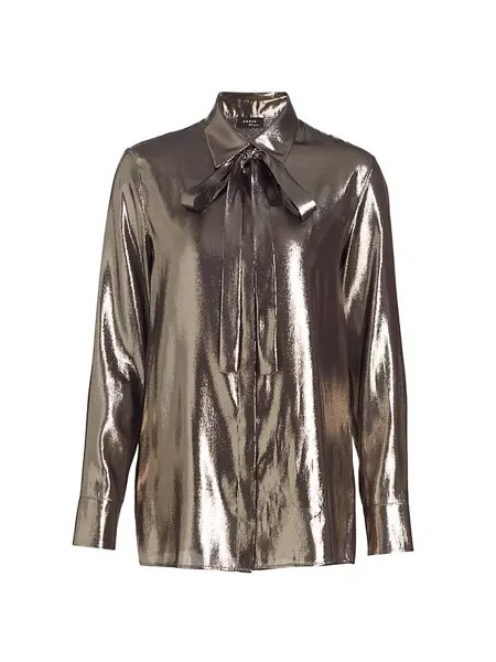 Блуза из шелковой смеси металлик с завязками на воротнике Akris, цвет charcoal silver