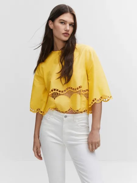 Блузка оверсайз с вышивкой Mango, желтая