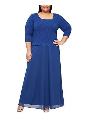ALEX EVENINGS Синее женское макси-платье с U-образным вырезом и рукавами 3/4 на подкладке Plus 18W
