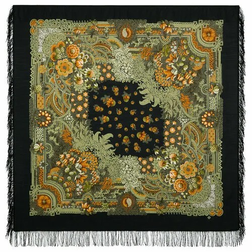 Платок Павловопосадская платочная мануфактура,146х146 см, зеленый, оранжевый