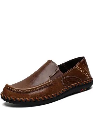 Мужские однотонные Soft Кожаные нескользящие широкие повседневные туфли без шнуровки с ручной вышивкой