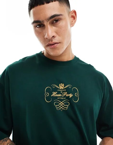 Темно-зеленая футболка оверсайз с надписью на груди ASOS DESIGN