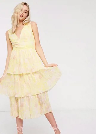 Ярусное платье миди лимонно-желтого цвета с цветочным принтом Little Mistress Tall-Желтый