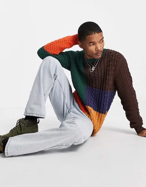 Вязаный «косами» джемпер в стиле колор блок ASOS DESIGN-Разноцветный
