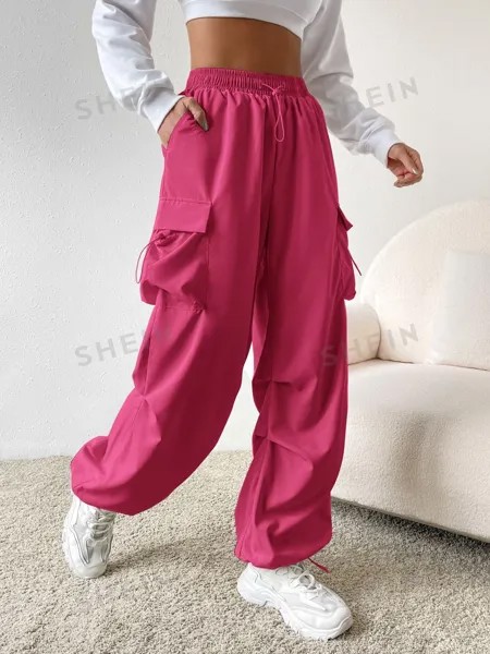 EZwear Брюки-карго, боковые карманы с клапанами Шнурок на талии Shein, фуксия