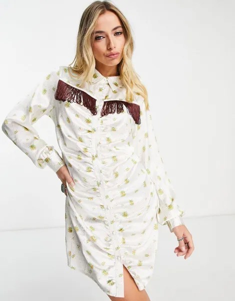 Атласное платье мини со сборками спереди и бахромой с принтом роз ASOS DESIGN