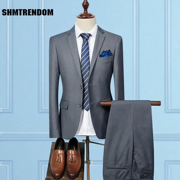 (Пиджак + брюки) 2023 мужские костюмы, однотонные деловые костюмы для работы, смокинг для мужчин, 2 шт., повседневные Костюмы для свадебвечерние,...