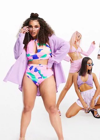Трусы бикини с завышенной талией и ярким абстрактным принтом ASOS DESIGN Curve-Многоцветный