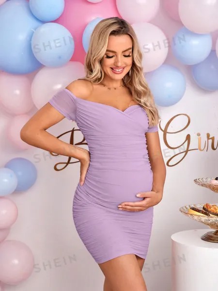 SHEIN Однотонное облегающее модное платье для беременных с открытыми плечами, сиреневый фиолетовый