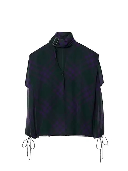 Блуза свободного кроя из шелкового шифона в клетку с шарфом и воротником Burberry, цвет royal pattern
