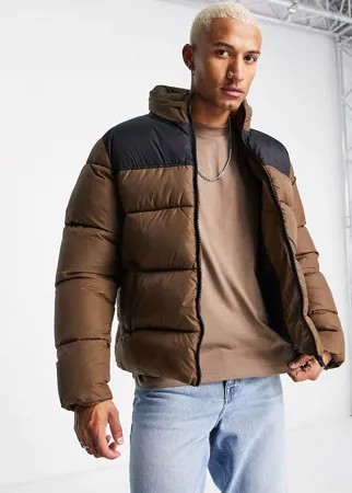 Коричневая утепленная куртка с контрастной вставкой ASOS DESIGN-Коричневый цвет