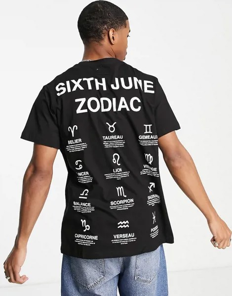 Черная oversized-футболка с зодиакальным принтом на спине Sixth June-Черный