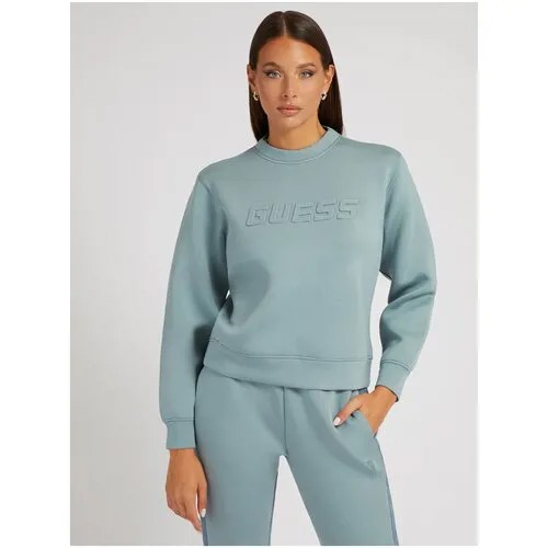 Свитшот GUESS, силуэт прямой, средней длины, без капюшона, размер M, зеленый