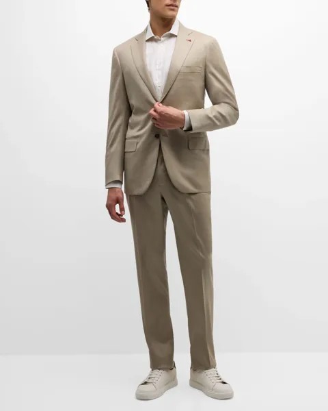 Мужской костюм из шерсти и шелка с узором «в елочку» Isaia, цвет Light Brown