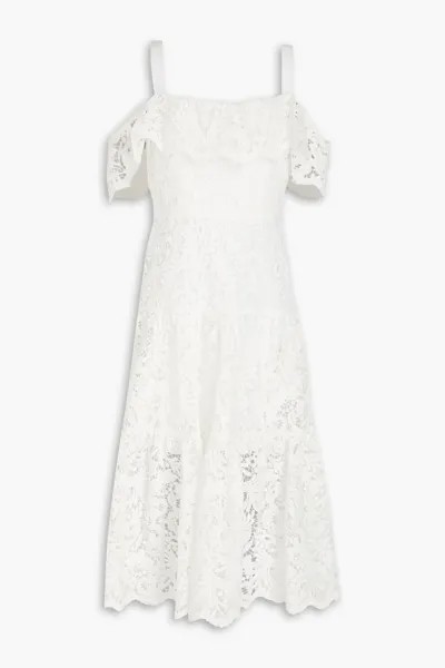 Платье миди из гипюра и кружева с открытыми плечами и оборками Marchesa Notte, цвет Off-white