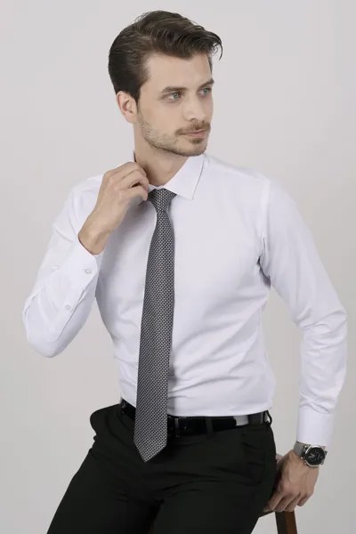 Комплект из рубашки и галстука (черно-серый галстук с рисунком и белая атласная рубашка узкого кроя в подарочной упаковке) Etikmen, белый
