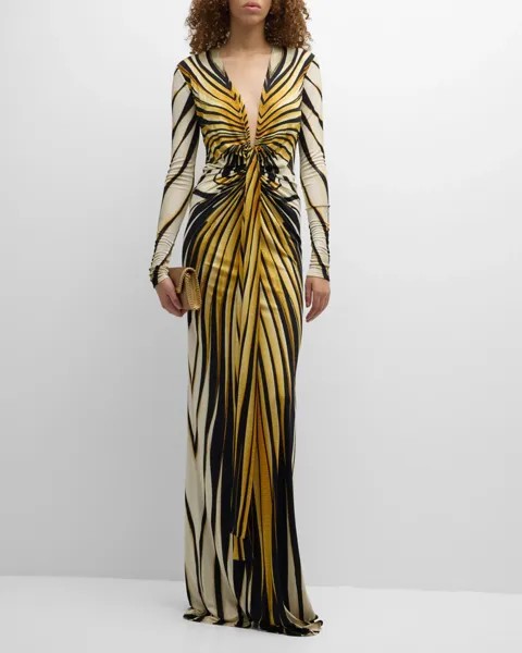 Длинное платье с принтом и узлом спереди Roberto Cavalli, цвет Giallo Sen C 150850