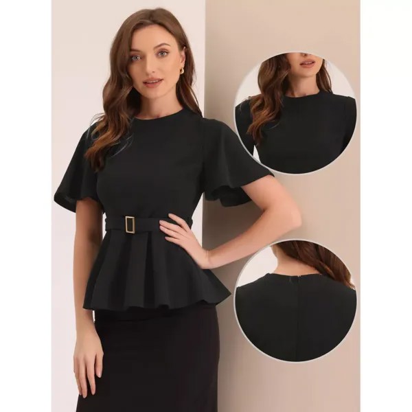 Блузка с баской для женщин, офисная блузка с круглым вырезом и рукавами-колокольчиками и поясом на талии ALLEGRA K, черный